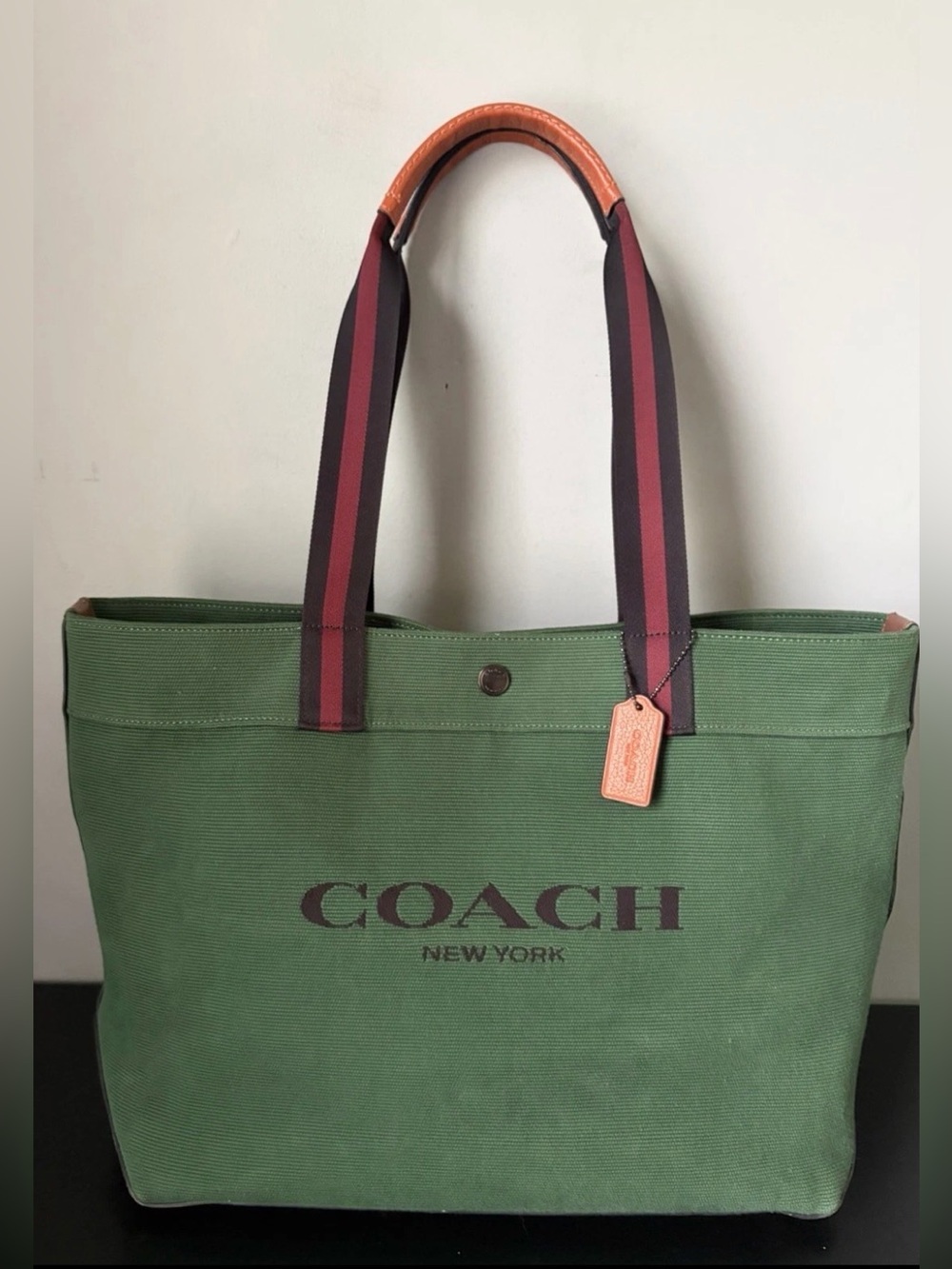 COACH Tote Bag 38 in Colorblock Forest Green Canvas/ Brown Leather/ Navy Stripes - Picture 2 of 16